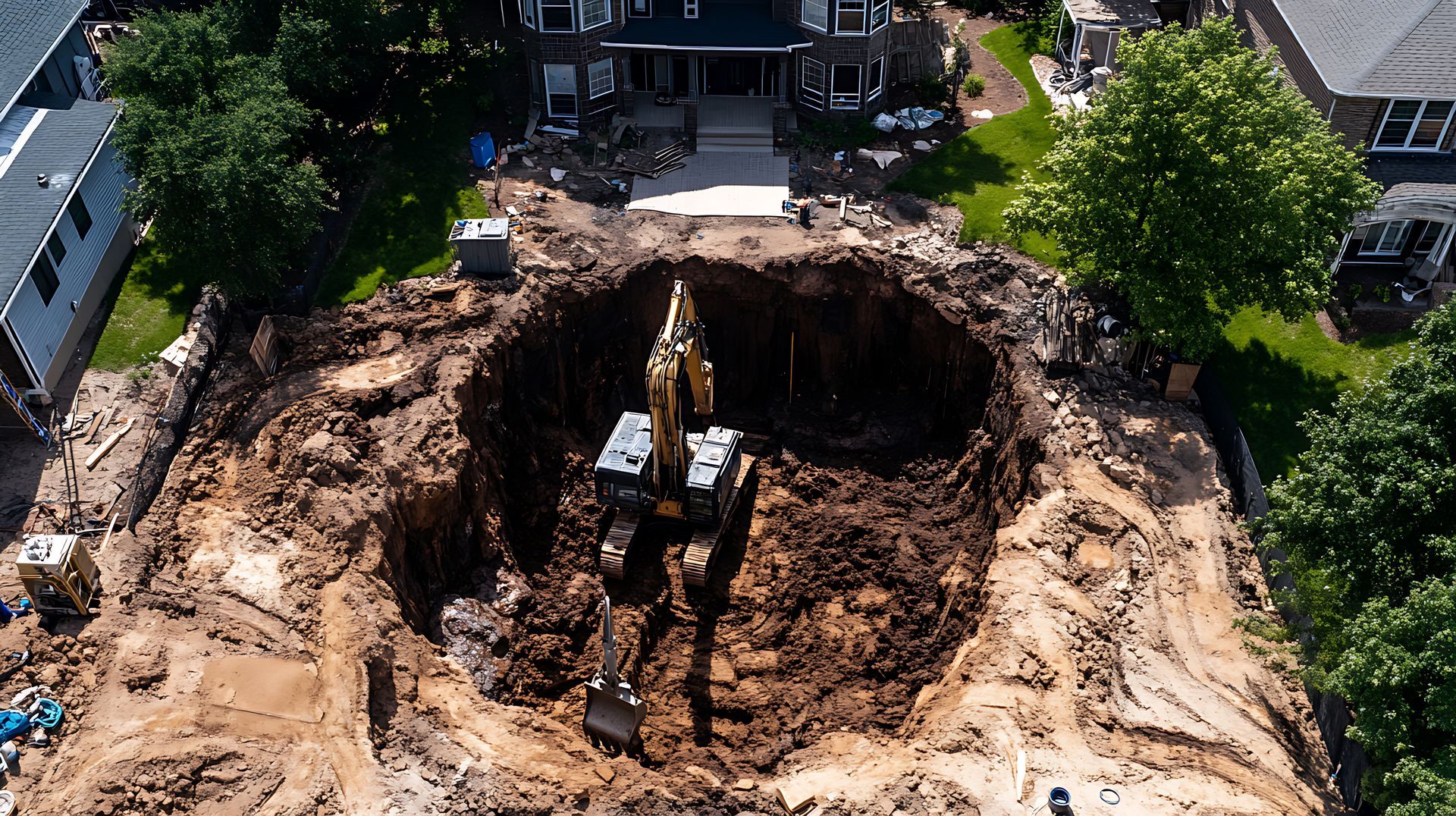 Vue aérienne : Une excavatrice creuse un grand trou circulaire dans un jardin résidentiel, à côté d'une grande maison.