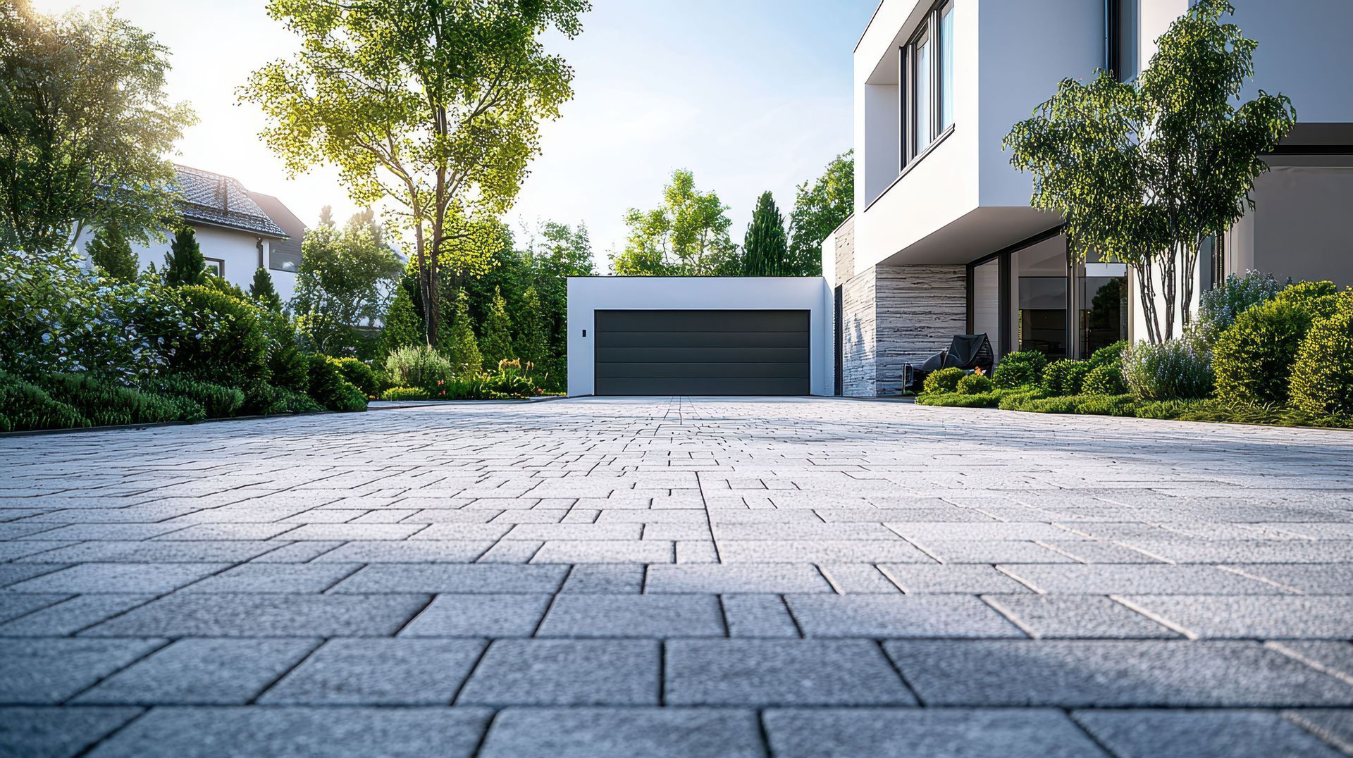 Allée menant à une maison blanche moderne avec garage, entourée de verdure.