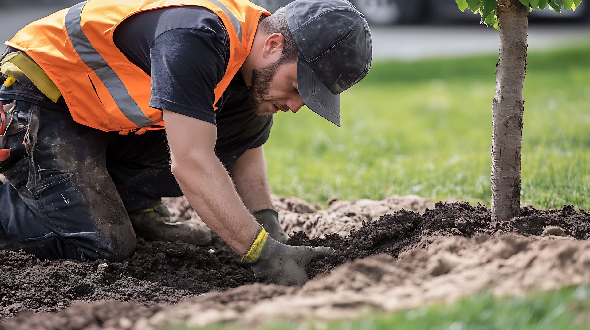 Un homme en tenue de travail plante un arbre dans une zone herbeuse.