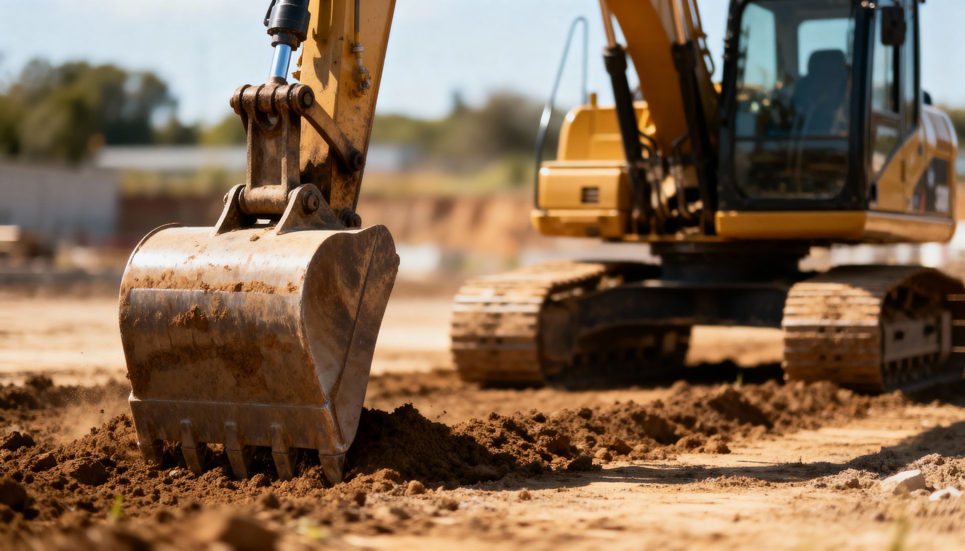 Une pelleteuse jaune creuse dans de la terre brune sur un chantier de construction.