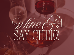 a red background with wine glasses and the words wine & say cheez