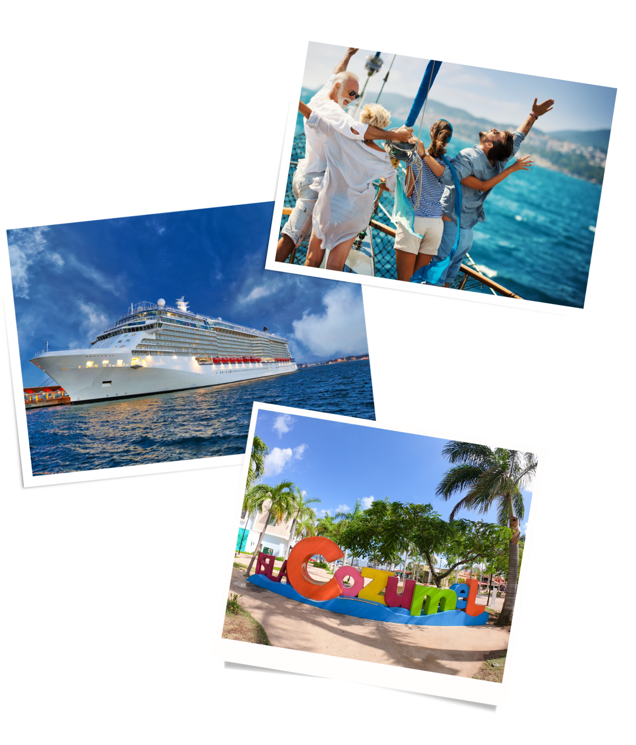 three pictures of a cruise ship , a group of people on a boat , and a sign that says puerto rico .