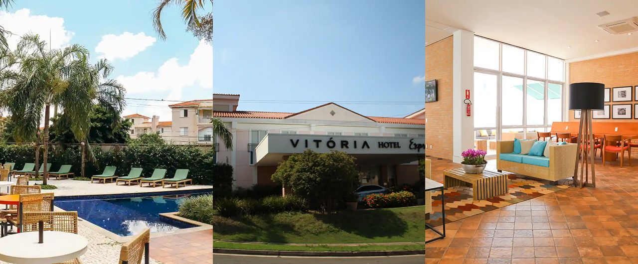 Cena de resort em três painéis: pátio à beira da piscina, placa do Victoria Hotel e interior luminoso do lounge.