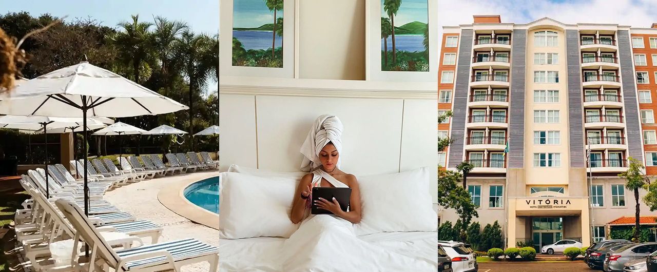 Colagem de imagens de um resort de luxo com espreguiçadeiras à beira da piscina, uma mulher usando o celular na cama e um prédio alto de apartamentos.
