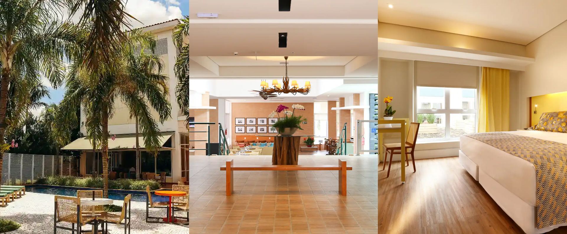Interior moderno de hotel com lobby, piscina no pátio e um quarto de hóspedes luminoso.
