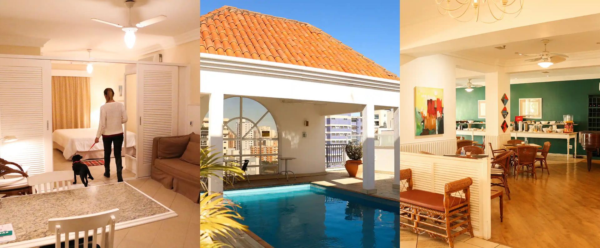 Colagem em três painéis de interiores residenciais luminosos e uma piscina com azulejos azuis e um pátio.