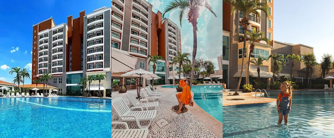 Cena da piscina de um resort com palmeiras, espreguiçadeiras e pessoas relaxando em águas azul-turquesa.