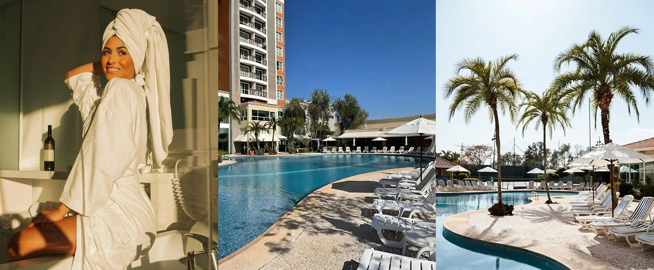 Imagem dividida de uma mulher de roupão e toalha bege, além de uma piscina de resort com palmeiras e espreguiçadeiras.