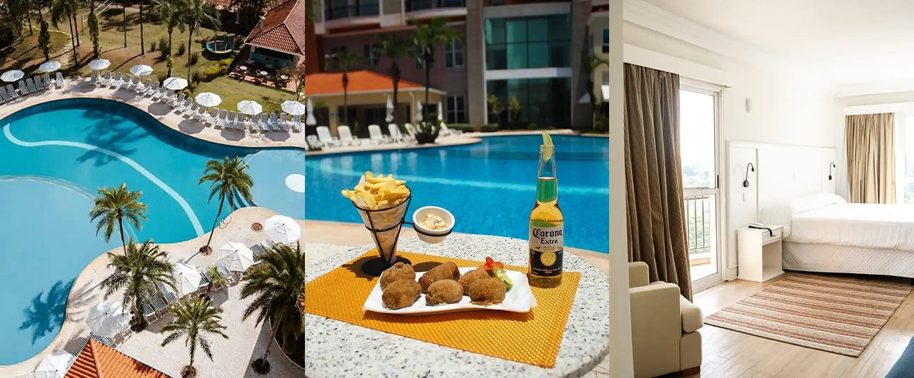 Colagem de imagens de um resort de luxo com piscina turquesa, bandeja de café da manhã e quarto de hotel iluminado.