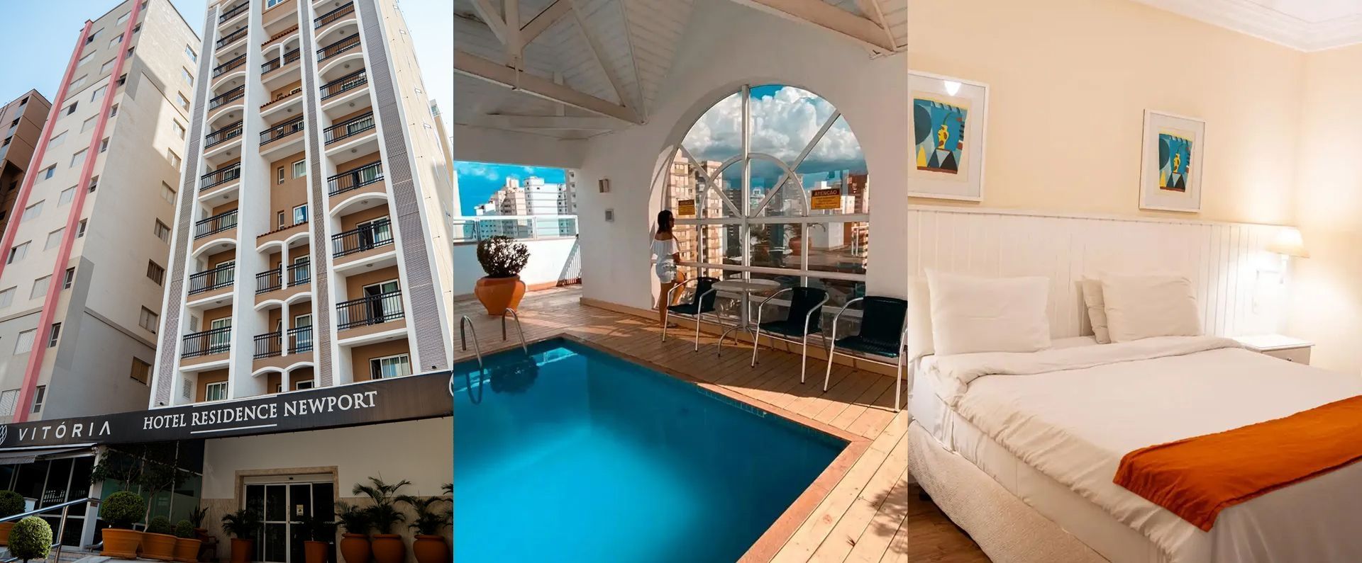 Colagem da fachada de um hotel, piscina interna, lounge e um quarto iluminado com cama e cobertor laranja.