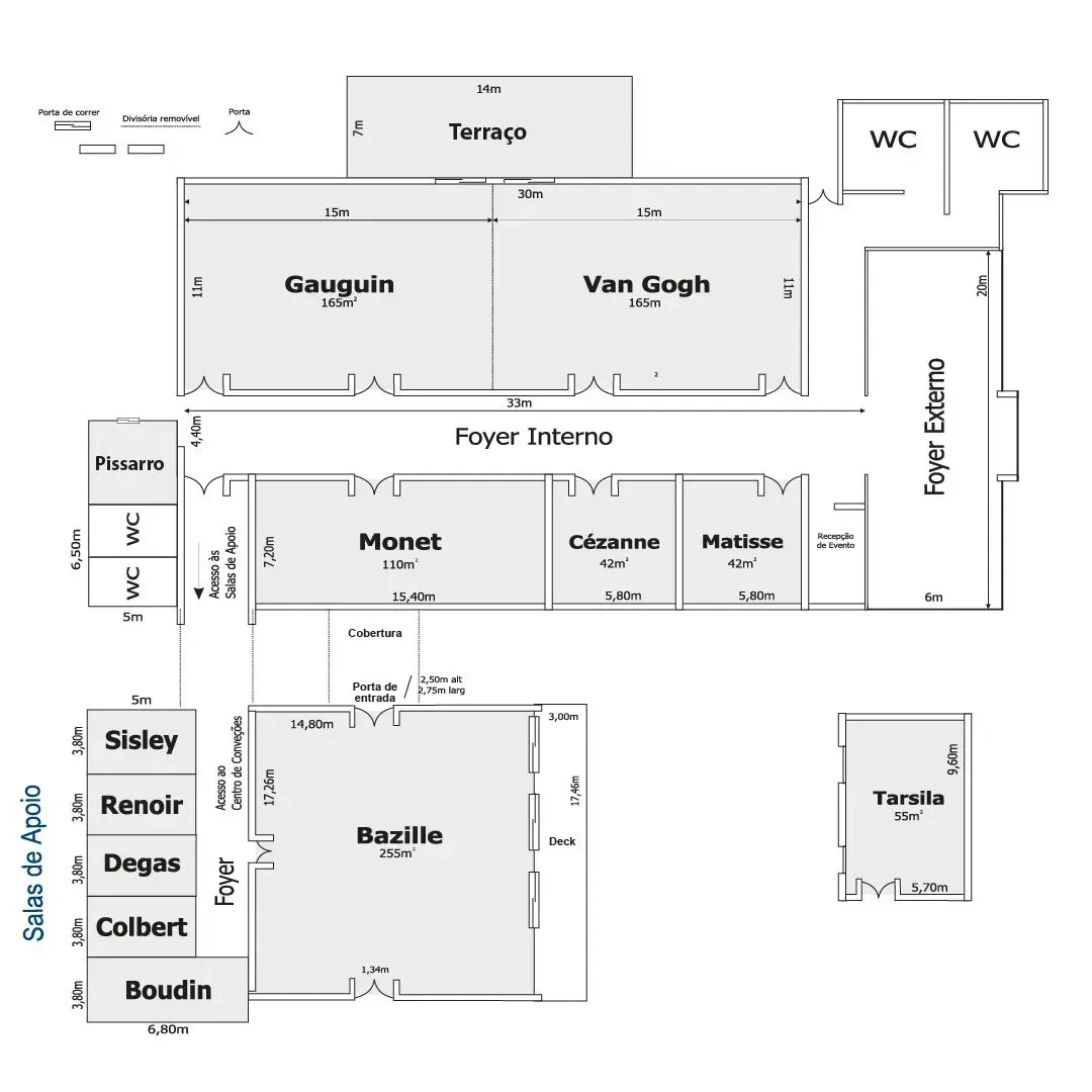Planta baixa com identificação de cômodos e corredores, incluindo Trocadéro, Gauguin, Van Gogh, Monet, Cézanne e banheiros.