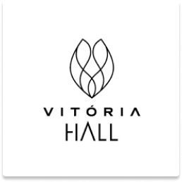 Logotipo do Vitória Hall com emblema de folha estilizada em preto sobre fundo branco.