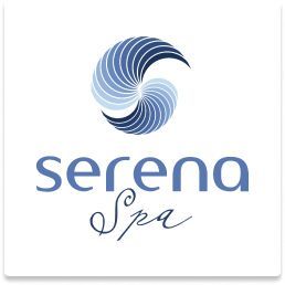 Logotipo do Serena Spa com espiral circular azul e texto elegante em tons de azul-acinzentado sobre fundo branco.