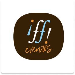 Logotipo arredondado marrom com “iff!” em azul claro e branco, e “eventos” em letras cursivas laranja abaixo.