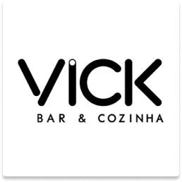 Logotipo “vick” preto com as palavras “BAR & COZINHA” abaixo, em fundo branco.