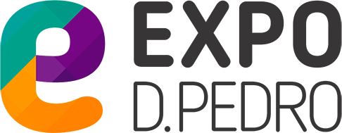 Logotipo da Expo D.Pedro com emblema abstrato colorido e texto preto.