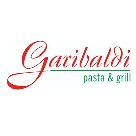 Logotipo da Garibaldi Pasta & Grill em letras vermelhas e verdes sobre fundo branco.