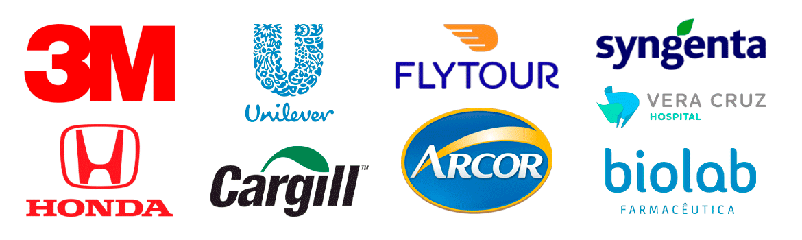 Logotipo das empresas 3M, Unilever, Flytour, Syngenta, Honda, Cargill, Arcor, Biolab e Hospital Vera Cruz.