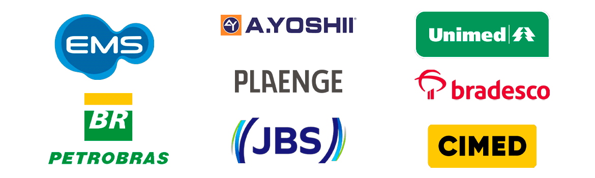 Logotipo das empresas EMS, A.Yoshii, Unimed, Petrobrás, Plaenge, Bradesco, JBS e Cimed.