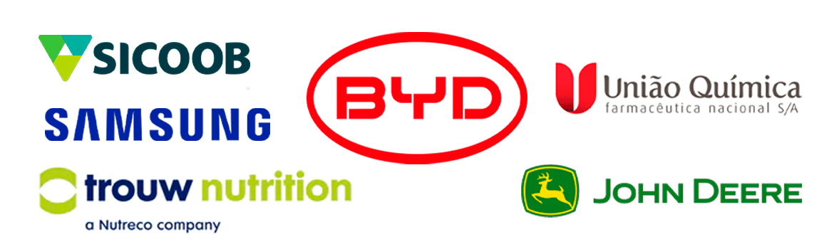 Logotipo das empresas Sicoob. BYD, União Química, Samsung, John Deere e Trouw Nutrition.