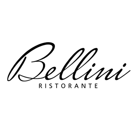 Logotipo do Bellini Ristorante em letra cursiva preta sobre fundo branco.
