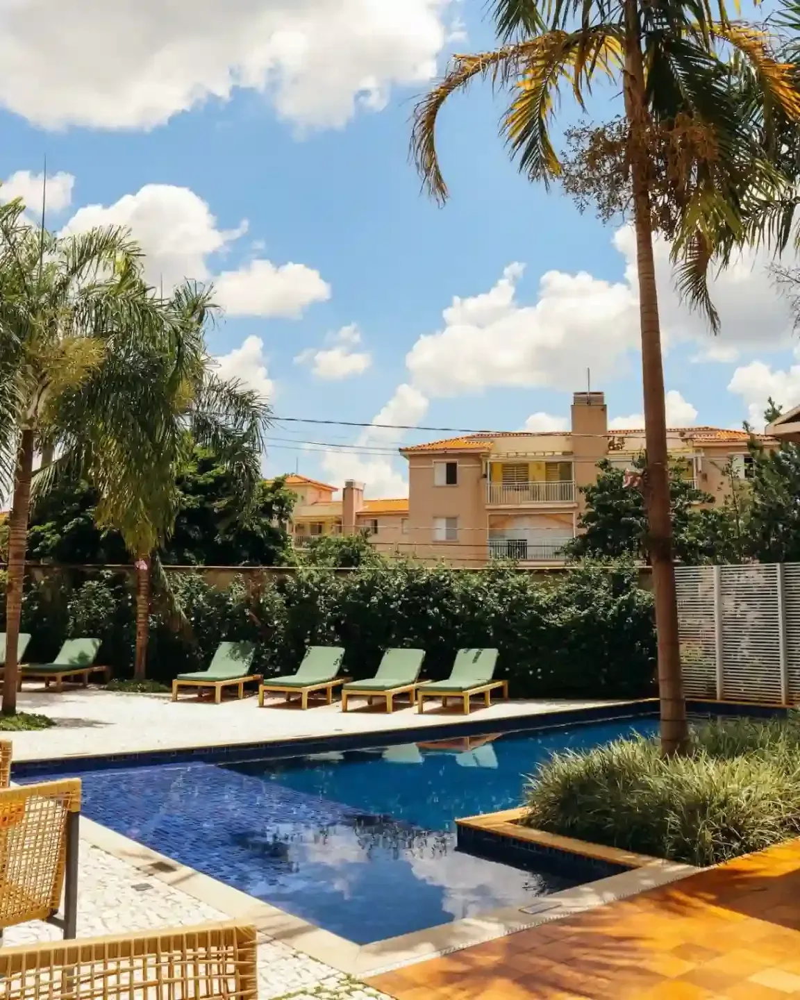 Piscina ensolarada no quintal com espreguiçadeiras, palmeiras e uma casa bege ao fundo.