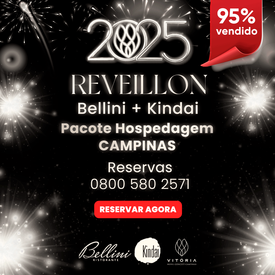 A poster for 2025 reveillon bellini kindai pacote hospedagem campinas