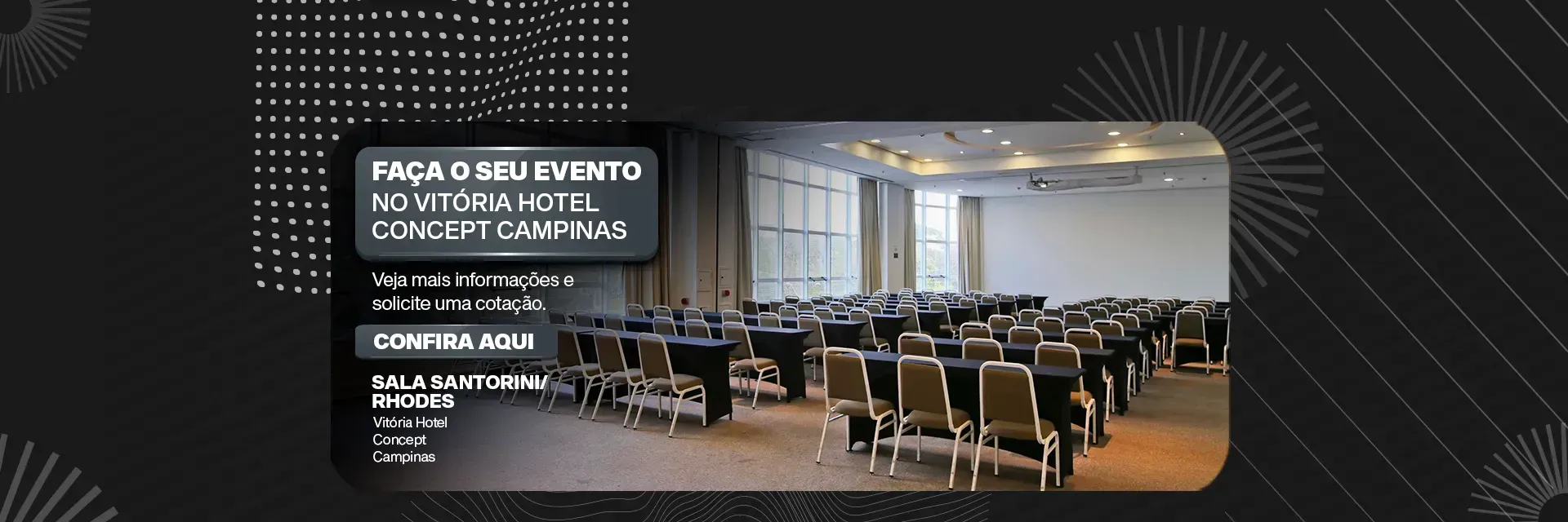 Uma foto de uma sala de conferências com mesas e cadeiras