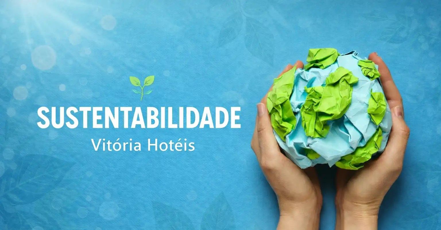 Mãos seguram um globo de folhas verdes sobre fundo azul com o texto “SUSTENTABILIDADE” e “Vitória Hotéis”.