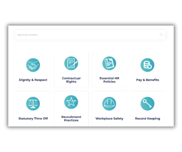Dashboard with HR topics including dignity, pay, and workplace safety.