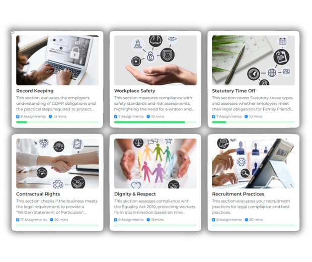 Six rectangular cards with text and related icons, covering topics like record keeping, and workplace safety