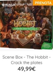 The Hobbit scene box with fantasy characters and plates, labeled “Prenota,” priced at 49,99€