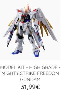 Kit di montaggio del Mighty Strike Freedom Gundam nei colori bianco, rosso, blu e oro, al prezzo di 31,99€.