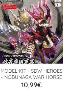 Illustrazione sulla scatola del kit di modellismo del cavallo da guerra Nobunaga di SDW Heroes, personaggio con armatura rossa e oro, 10,99€