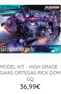Illustrazione della scatola del kit di modellismo Bandai HG Gaias Ortegas Rick Dom, che mostra un mecha viola e il prezzo di €36,99