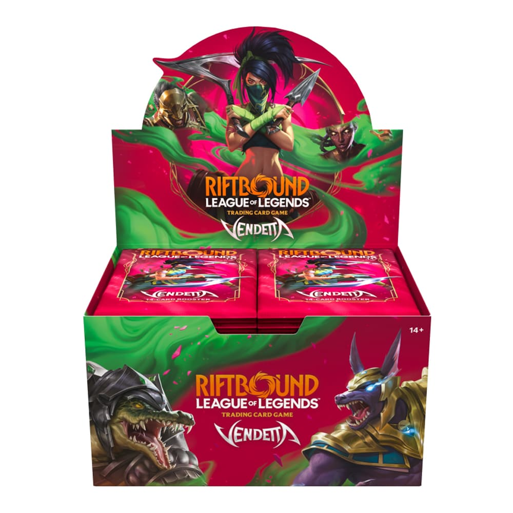 Scatola espositiva di Ender per League of Legends Riftbound con grafica rosa neon e verde e pacchetti di gioco