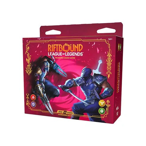 Riftbound: scatola del gioco di carte League of Legends con due personaggi campioni su sfondo rosso