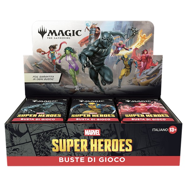 Scatola espositiva per carte collezionabili Marvel Super Heroes con eroi colorati sulla confezione.