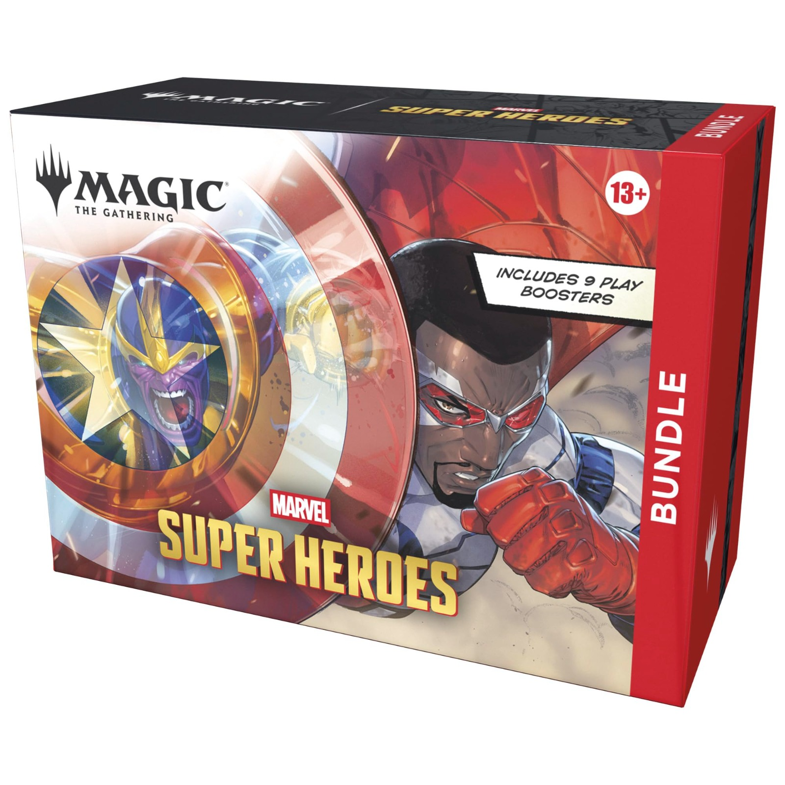 Confezione bundle di Magic: The Gathering Marvel Super Heroes con imballaggio rosso ed eroi in stile fumetto.
