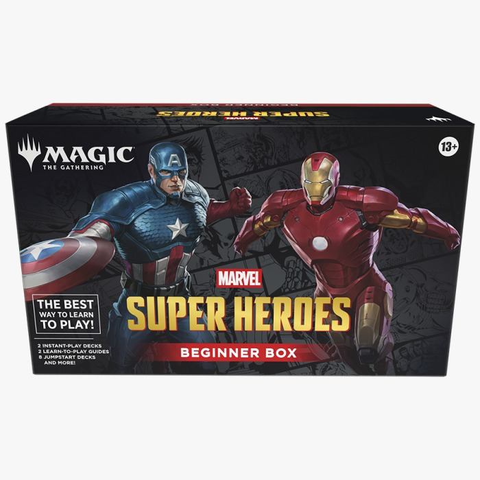 Scatola per principianti Marvel Super Heroes con Capitan America e Iron Man su una scatola nera di Magic: The Gathering