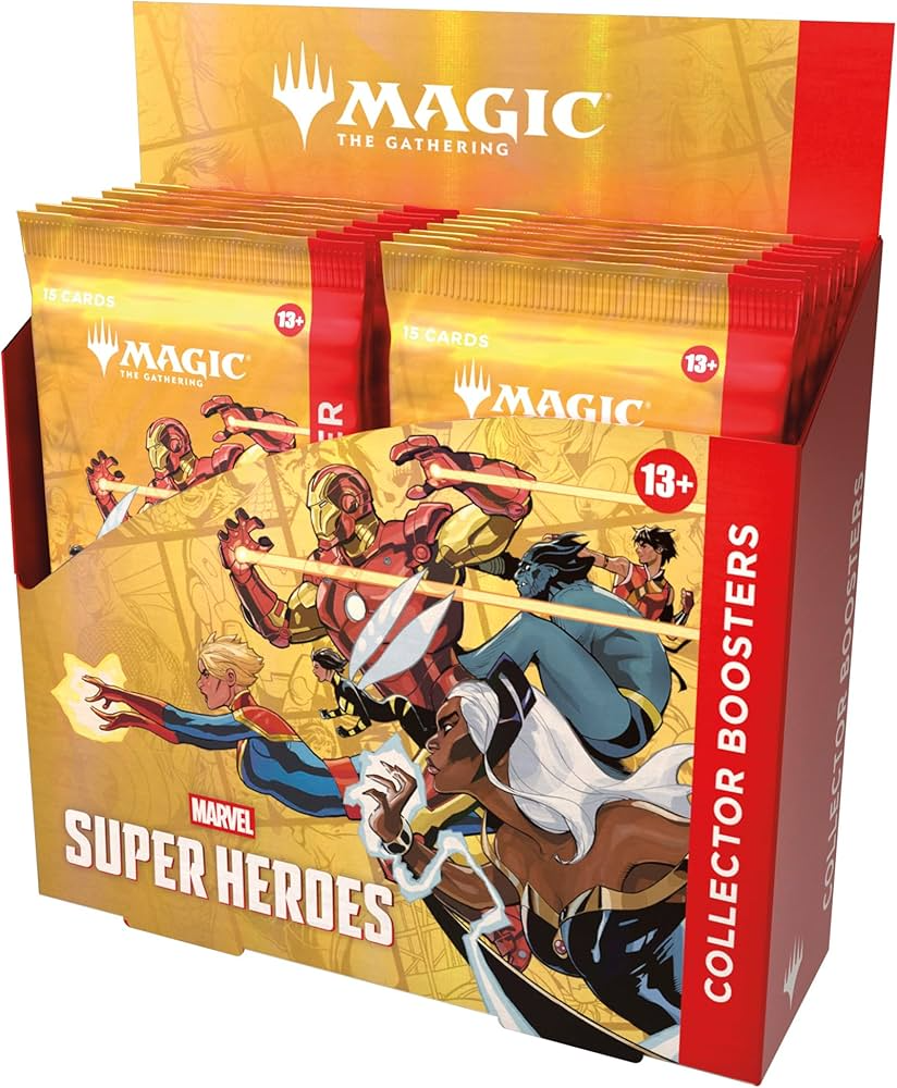 Cofanetti da collezione di bustine Supereroi di Magic: The Gathering, in confezione arancione e rossa.