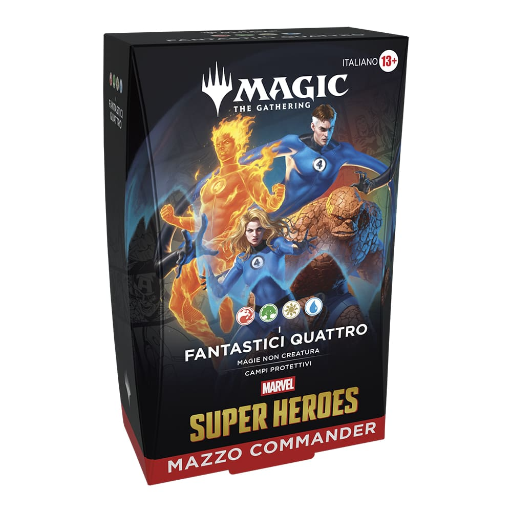 Magic: The Gathering - Scatola per mazzo Commander Fantastic Four Super Heroes con colorate illustrazioni di supereroi.