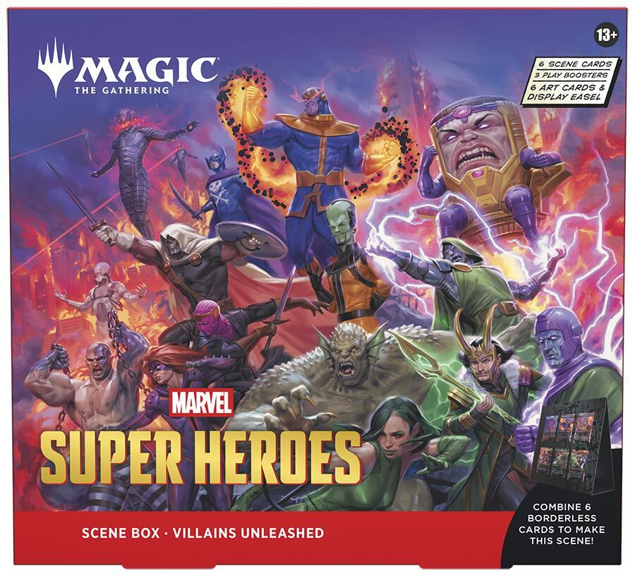 Magic: The Gathering Marvel Super Heroes scene box with comic villains on a purple-red lightning background