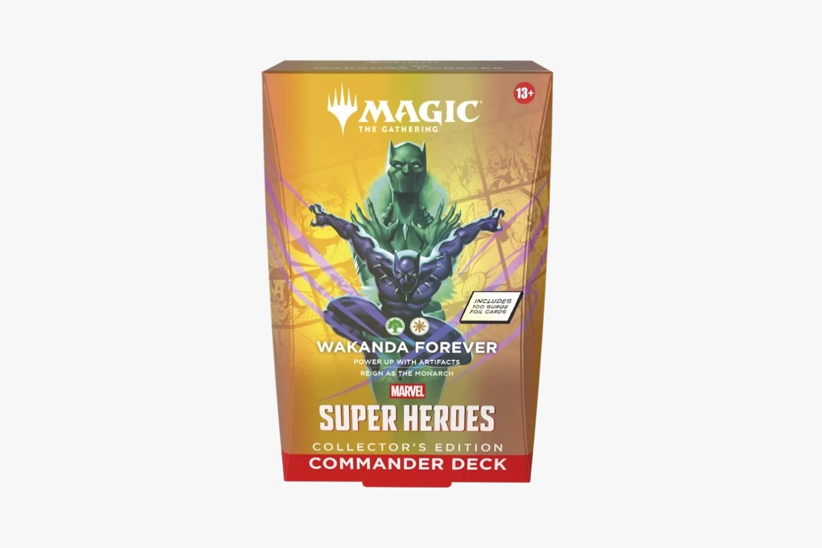 Magic: The Gathering Wakanda Forever Super Heroes Commander Deck Box con illustrazione di Black Panther verde su sfondo arancione