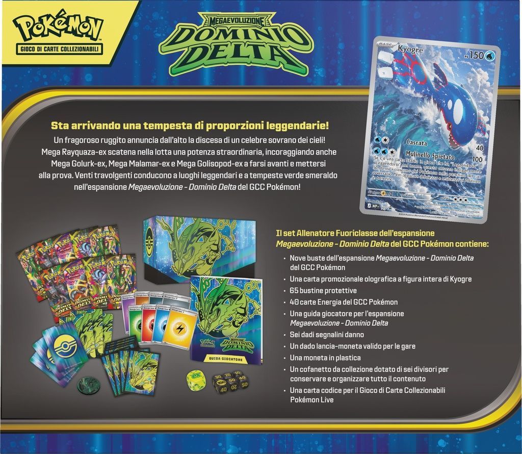 Promozione del Gioco di Carte Collezionabili Pokémon per Domino's Delta, con carte, bustine di espansione, monete e una carta promozionale blu su sfondo scuro.