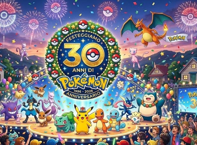Poster per la celebrazione del 30° anniversario dei Pokémon con Pikachu, fuochi d'artificio e tanti Pokémon in una colorata scena di festa.