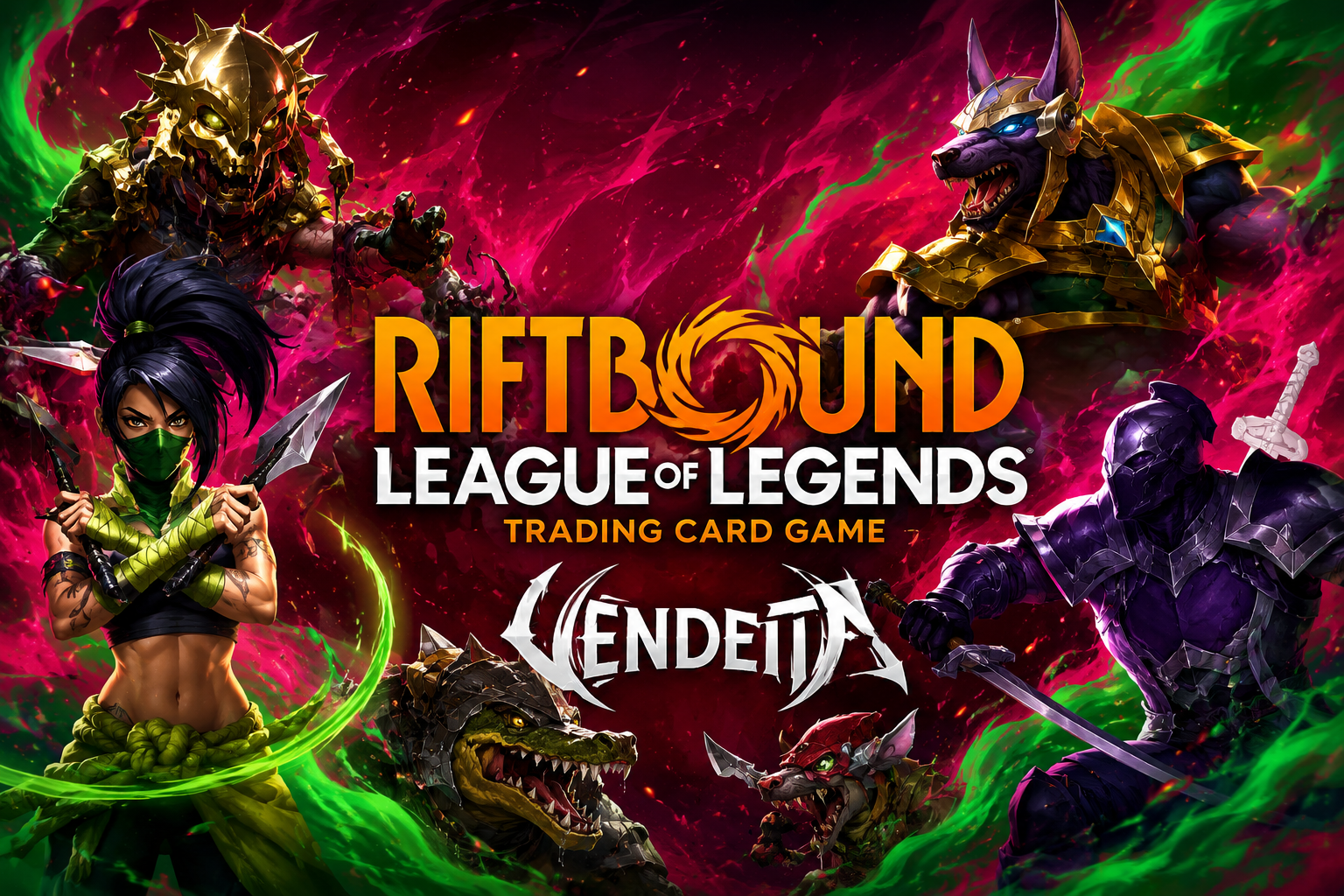 Riftbound: poster del gioco di carte collezionabili League of Legends con vivaci campioni fantasy 