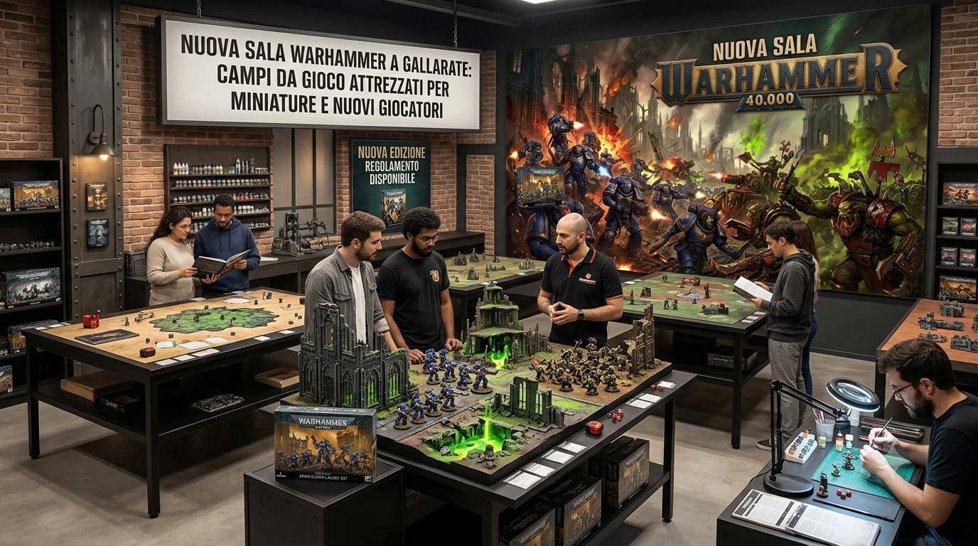 Persone che giocano a un wargame da tavolo in un negozio di hobbistica, con miniature dipinte e tabe