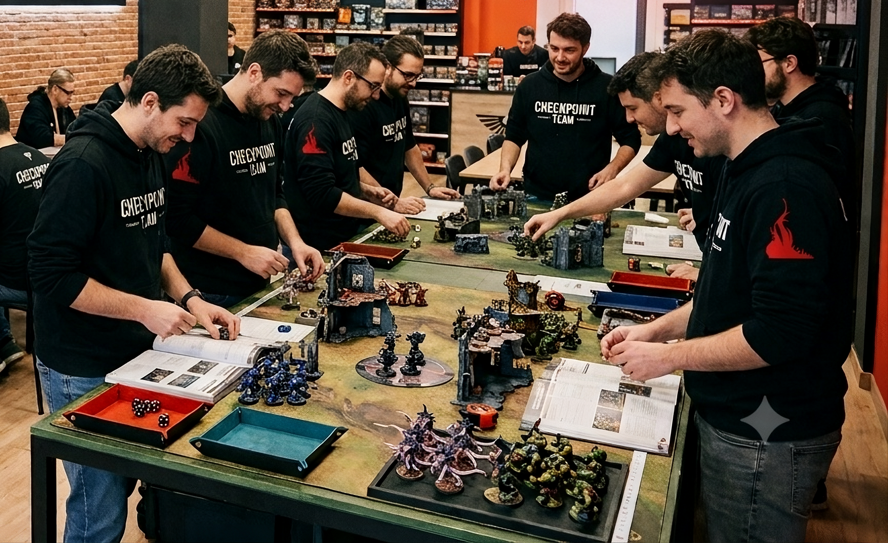 Persone con tshirt nera che giocano a warhammer da tavolo con eserciti in miniatura