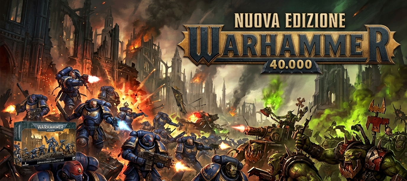Illustrazione della confezione di Warhammer 40.000 con guerrieri corazzati che combattono tra fiamme